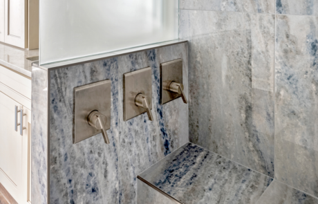 Remodeled Bathroom Columbus with Blue Grey Marble and Bench